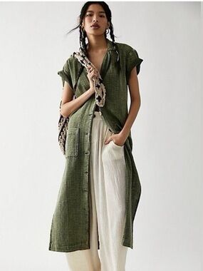 Free People Almeda 100% Cotton Button Down Dress in Olive Green